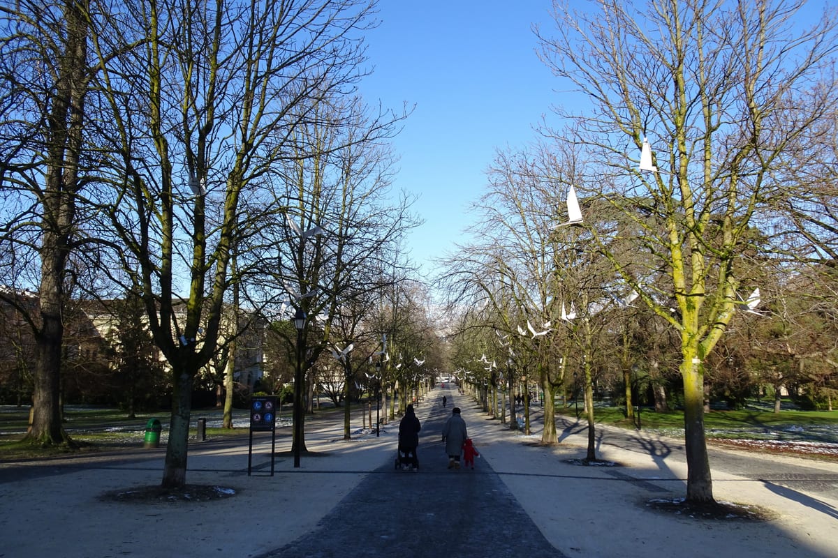 Allée arborée du Parc des Bastions à Genève, parc familial où enfants et parents se retrouvent, image de la garde partagée.